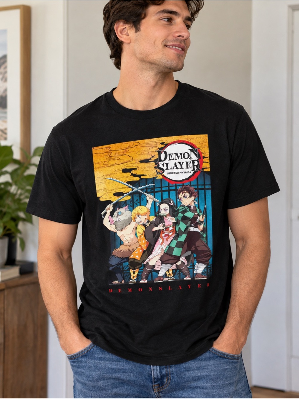 DEMON SLAYER Mens Graphic T Shirt Anime Character Black Tee L
